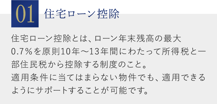 01：住宅ローン控除。住宅ローン控除とは、ローン年末残高の最大0.7％を原則10年～13年間にわたって所得税と一部住民税から控除する制度のこと。適用条件に当てはまらない物件でも、適用できるようにサポートすることが可能です。