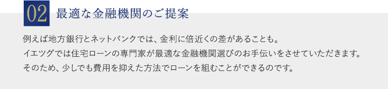 02：最適な金融機関のご提案：例えば地方銀行とネットバンクでは、金利に倍近くの差があることも。イエツグでは住宅ローンの専門家が最適な金融機関選びのお手伝いをさせていただきます。そのため、少しでも費用を抑えた方法でローンを組むことができるのです。